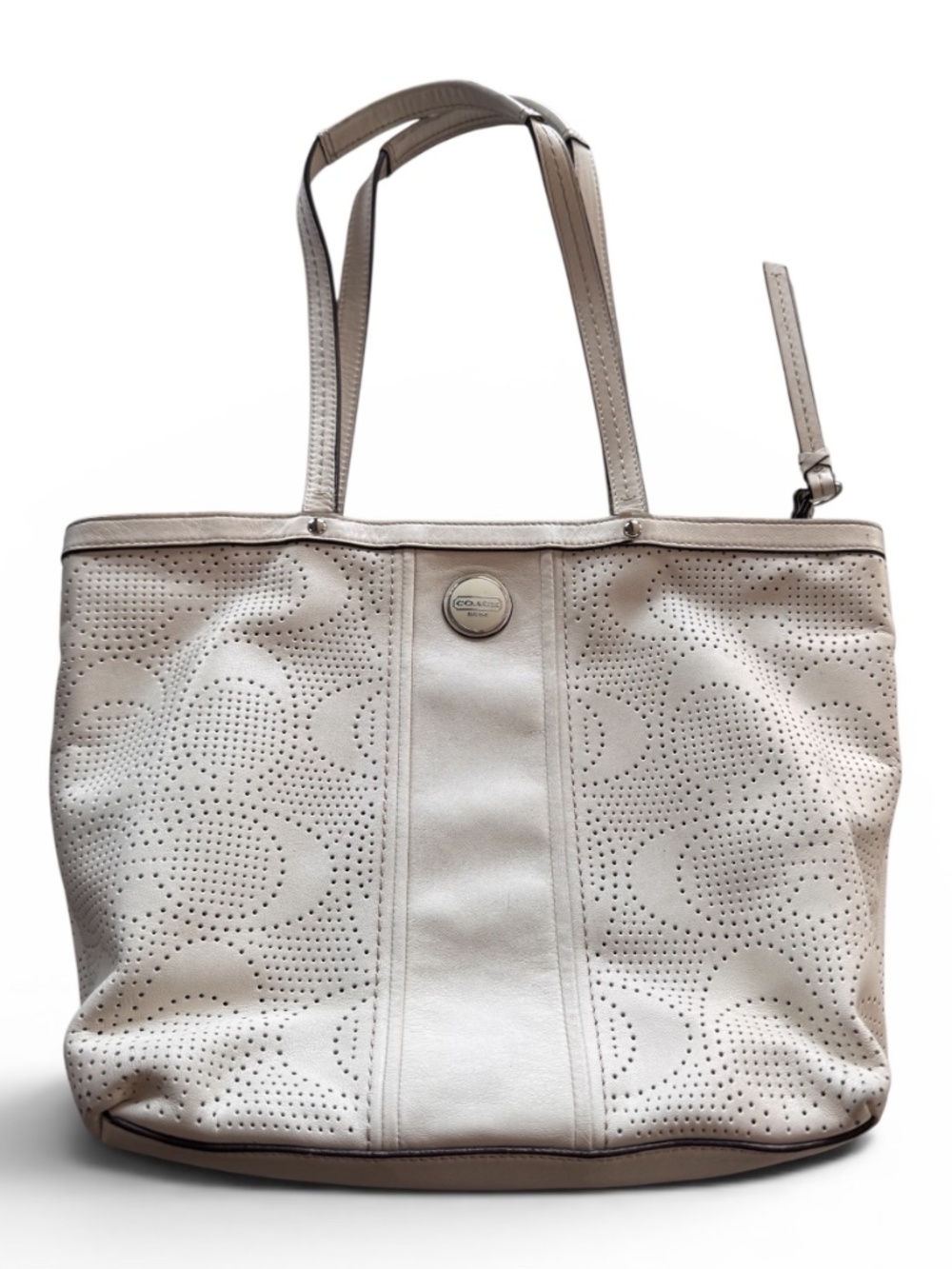 Coach Signature Perforated Leather Tote Bag Chalk Ivory Large Shoulder Purse